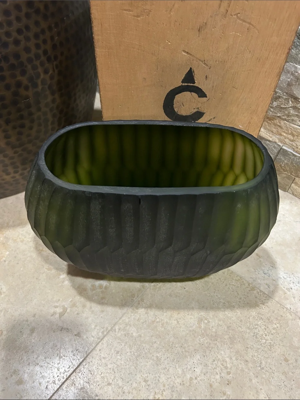 Reptilia frosted olive-green ribbed glass vase